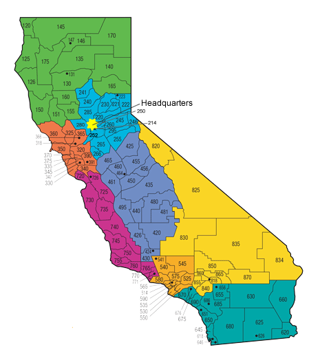 a visual representation of the geographic areas of responsibility for each CHP area offices across California
