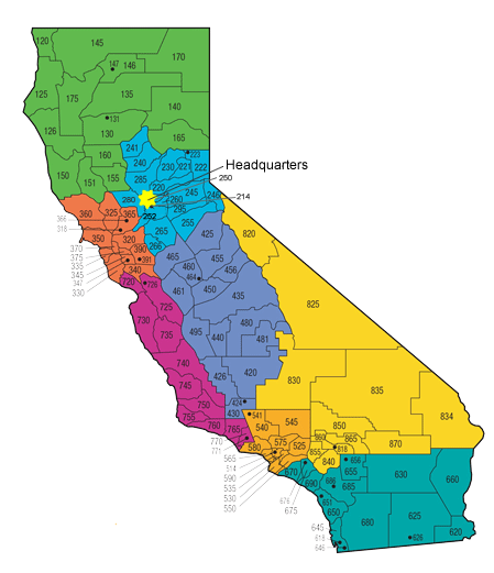 a visual representation of the geographic areas of responsibility for each CHP area offices across California