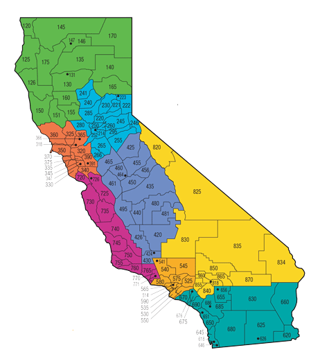 a visual representation of the geographic areas of responsibility for each CHP area offices across California